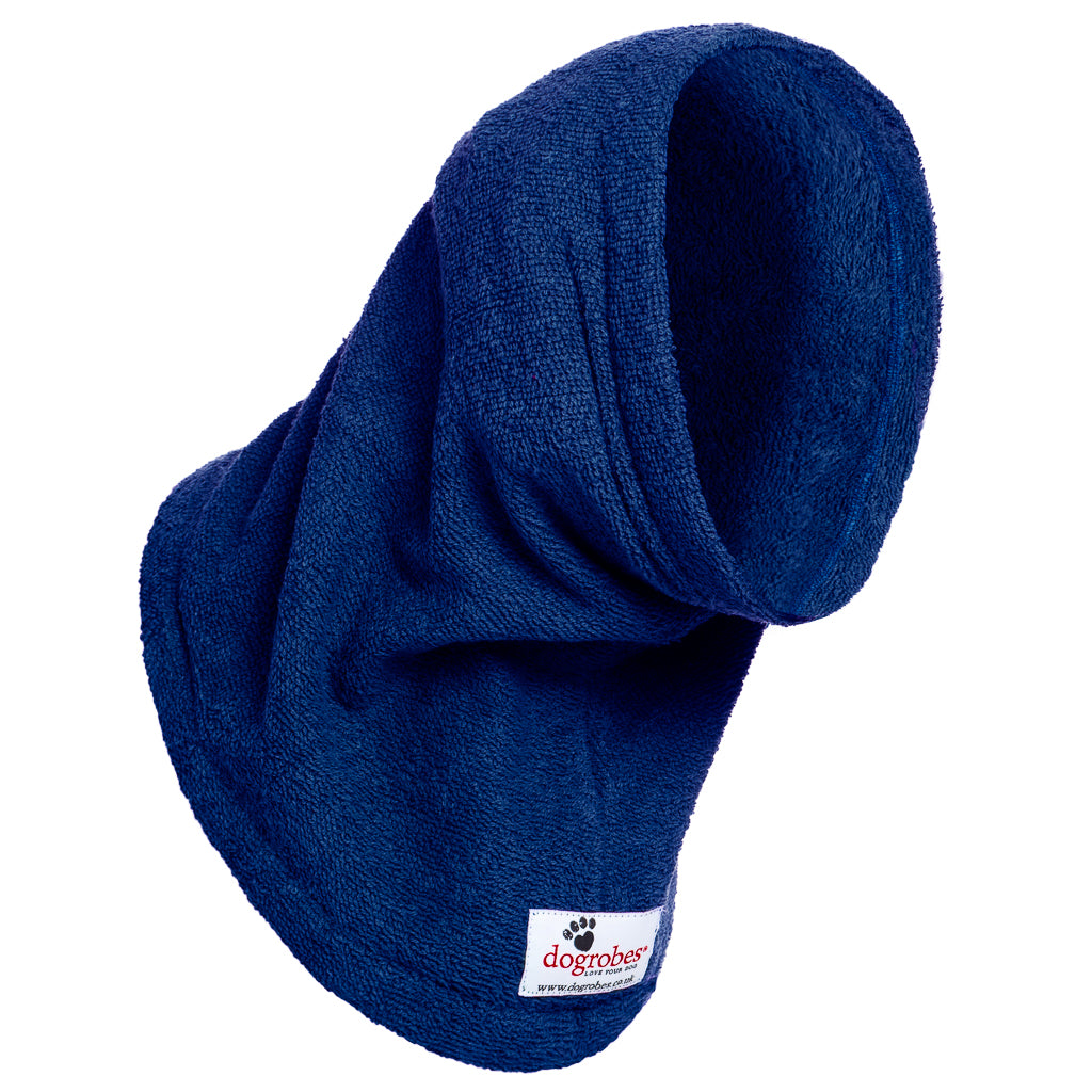 Dogrobe snoods are trusted and loved by dogs’ owners and their pets as they are ideal for drying your dog's head, neck and ears. Dog snood in navy.