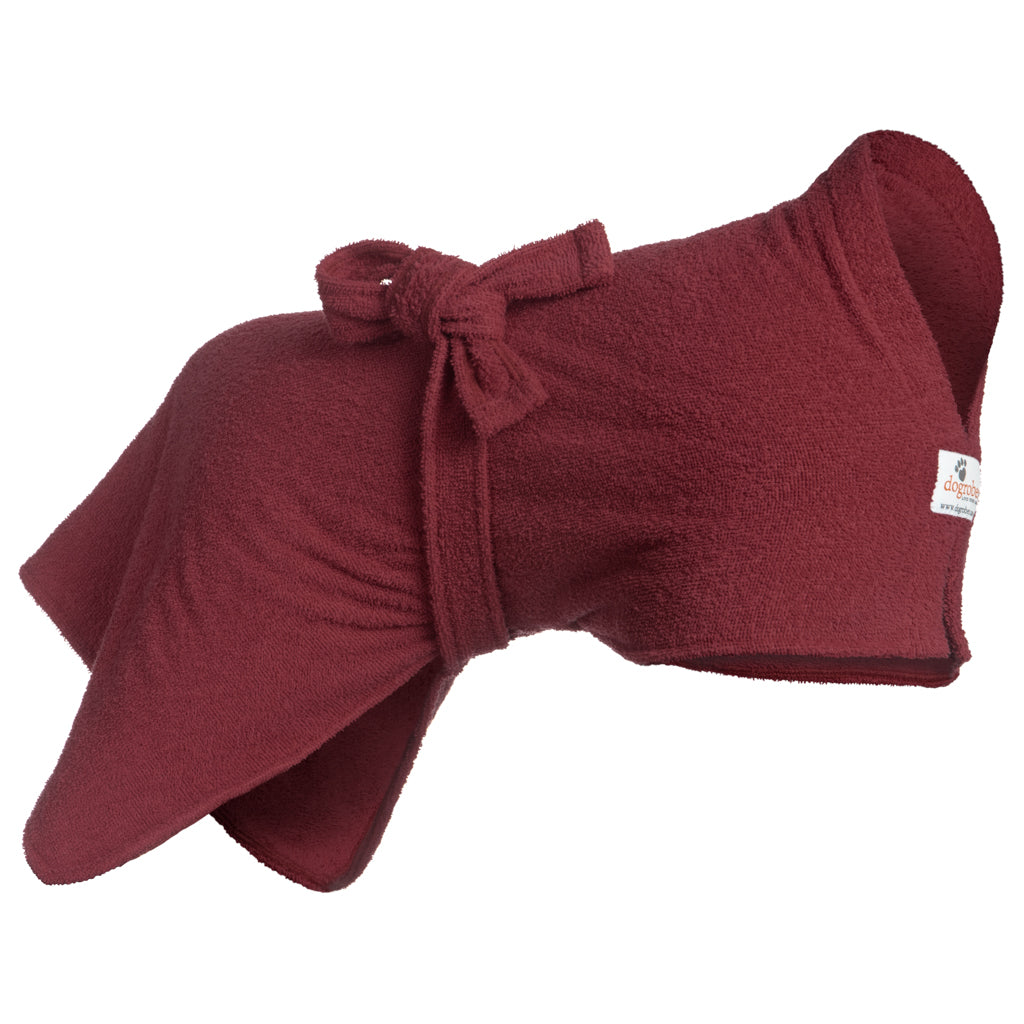 Dogrobe dog coats are perfect for drying, warming and comforting your dog after outdoor adventures. Available in burgundy.