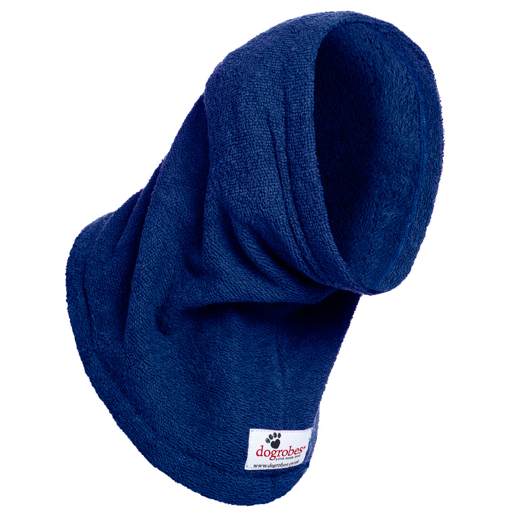 Dogrobe snoods are trusted and loved by dogs’ owners and their pets as they are ideal for drying your dog&#39;s head, neck and ears. Dog snood in navy.