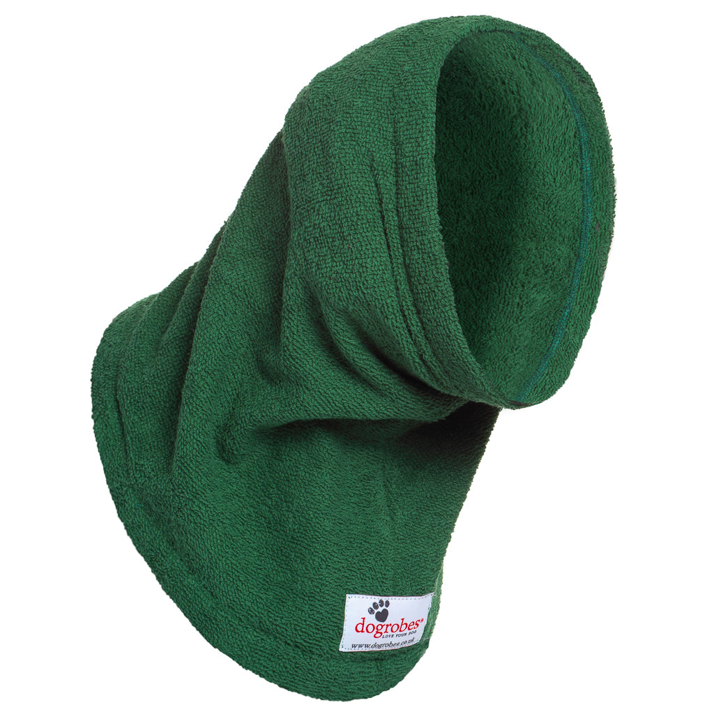 Dogrobe snoods are trusted and loved by dogs’ owners and their pets as they are ideal for drying your dog&#39;s head, neck and ears. Dog snood in green.