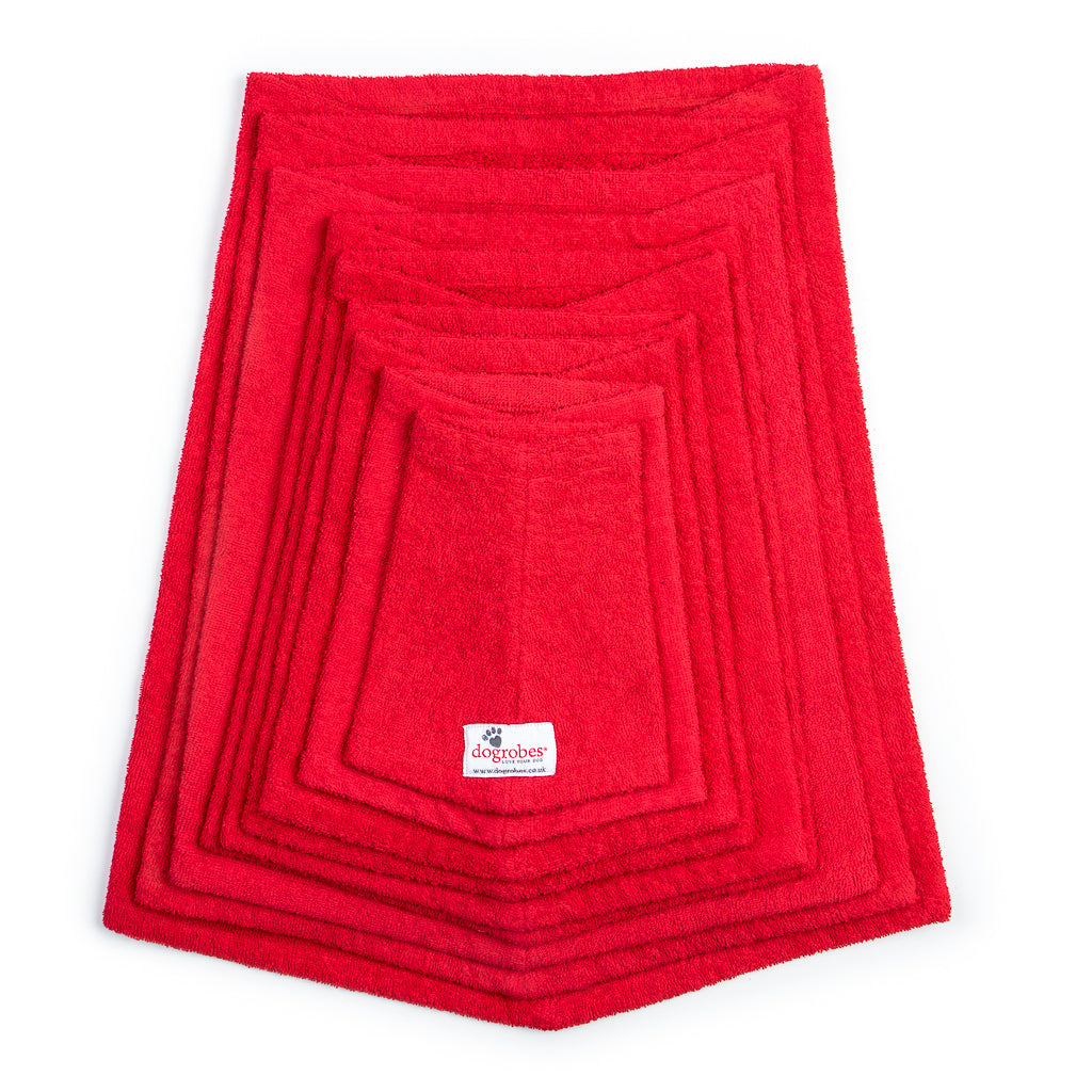 Dogrobe snoods are trusted and loved by dogs’ owners and their pets as they are ideal for drying your dog&#39;s head, neck and ears. Dog snood in red. Available in sizes Mini to XXXL.