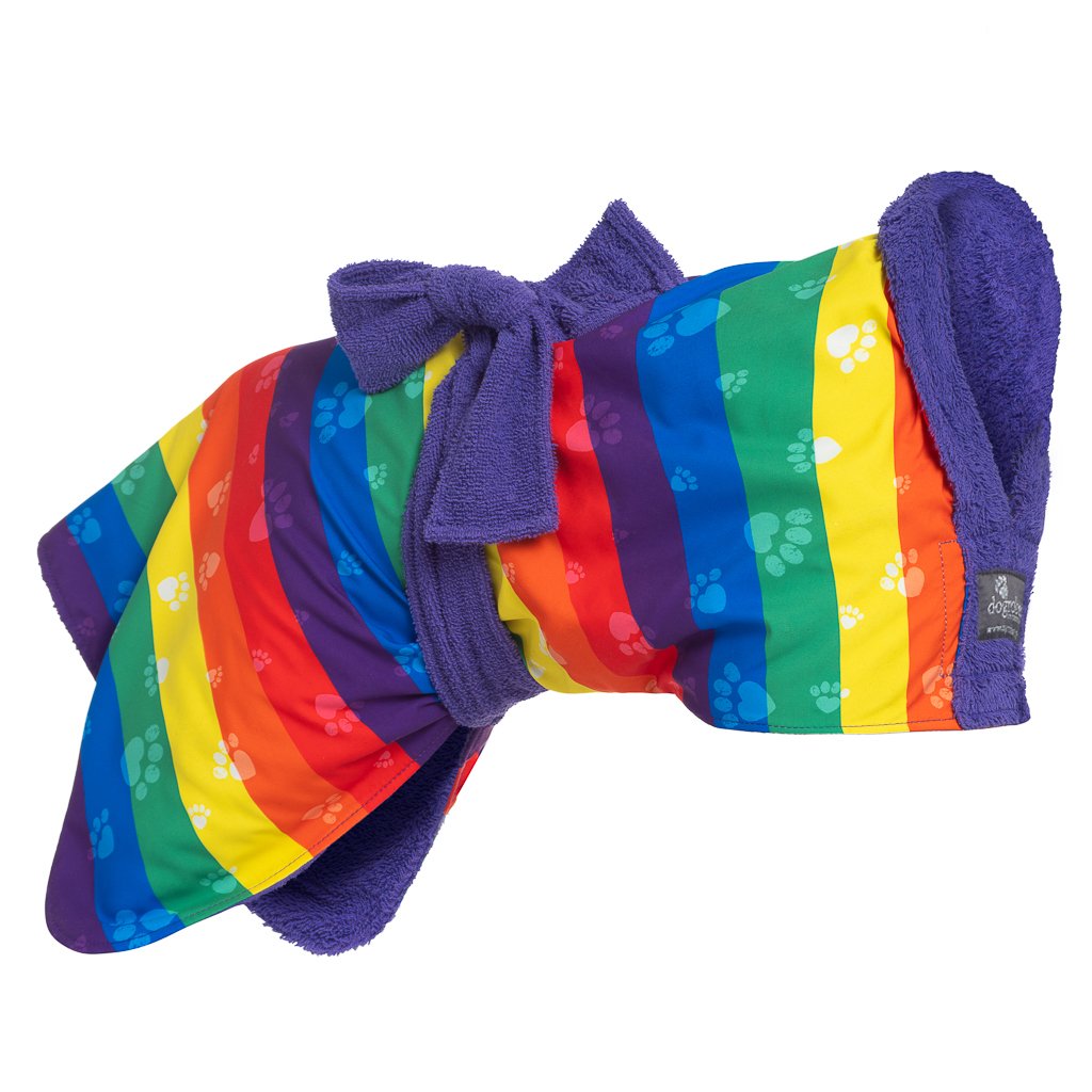 Stylish yet practical rainbow drying Dogrobe is ideal for outdoor adventures, after swimming, training, working or bathing.