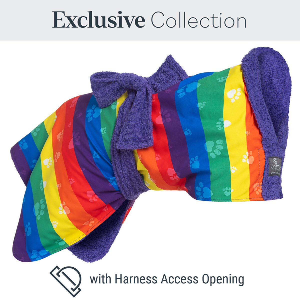 Exclusive collection DogRobe drying coat, with harness access opening in Rainbow pattern.