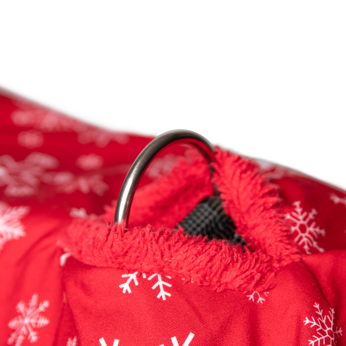 Exclusive collection DogRobe drying coat, with harness access opening in Red Snowflake pattern.