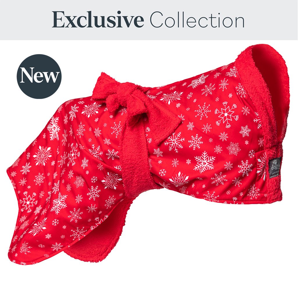 Stylish yet practical red, snowflake drying Dogrobe is ideal for outdoor adventures, after swimming, training, working or bathing.