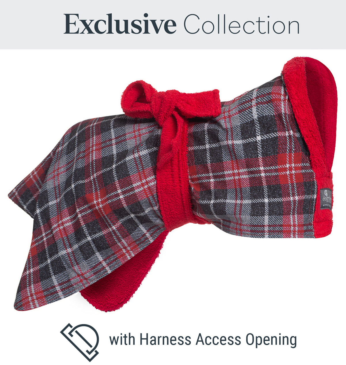 Exclusive collection DogRobe drying coat, with harness access opening in Tartan pattern.