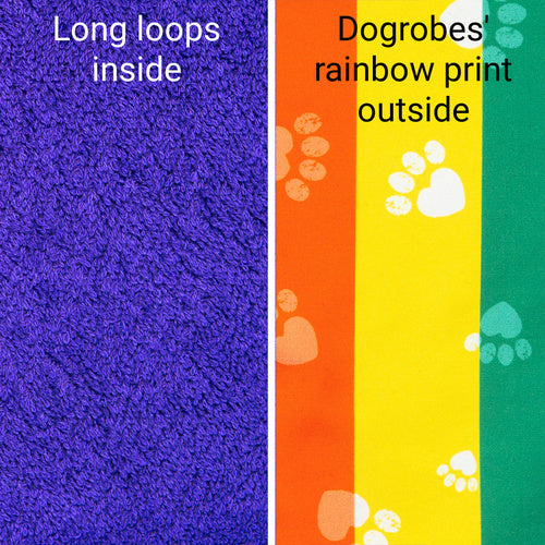 Stylish yet practical rainbow drying Dogrobe is ideal for outdoor adventures, after swimming, training, working or bathing.