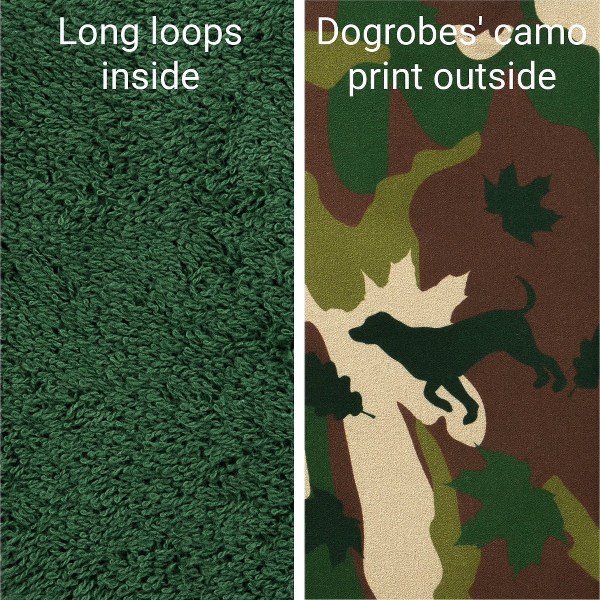 Stylish yet practical camouflage drying Dogrobe is ideal for outdoor adventures, after swimming, training, working or bathing.