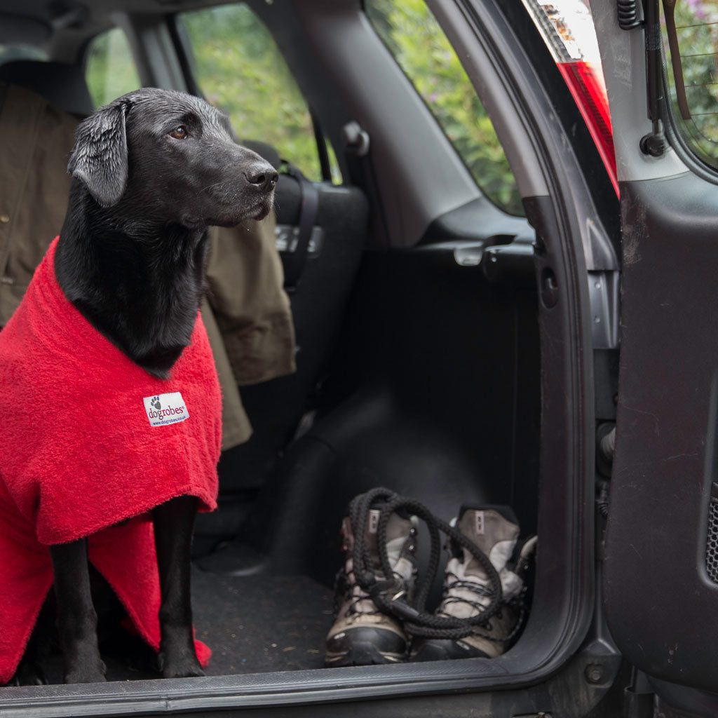 Red Dogrobe dog coats are perfect for drying, warming and comforting your dog after outdoor adventures. Available in reversible red.